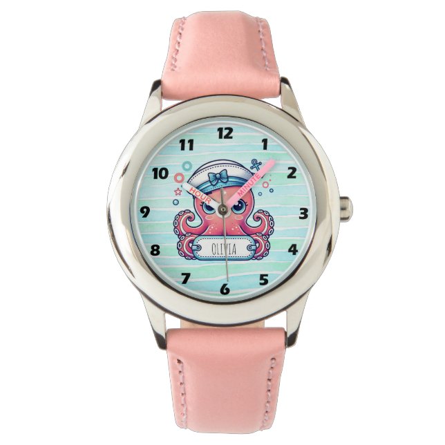 Vrolijke Roze Octopus Holding Naam Teken Horloge (Voorkant)