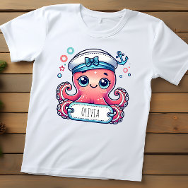 Vrolijke Roze Octopus Holding Naam Teken Kinder Shirts