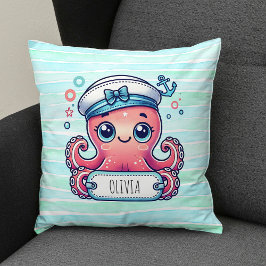 Vrolijke Roze Octopus Holding Naam Teken Kussen