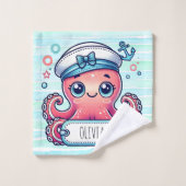 Vrolijke Roze Octopus Holding Naam Teken Washandje (Wasdoekje)