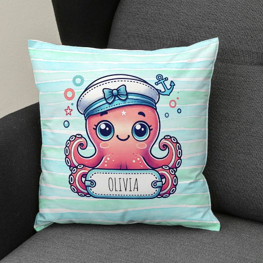Vrolijke Roze Octopus met Naambord Kussen