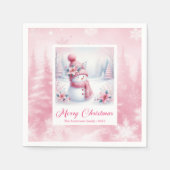 Vrolijke Roze Sneeuwman Kerst Scene Servetten Kind (Voorkant)