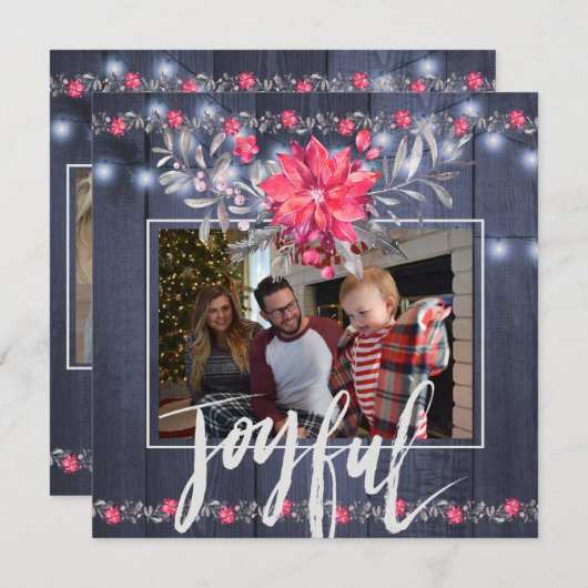 Vrolijke Rustieke Blauwe Schuur Hout Kerstmis 3 Fo Feestdagenkaart (Voorkant / Achterkant)