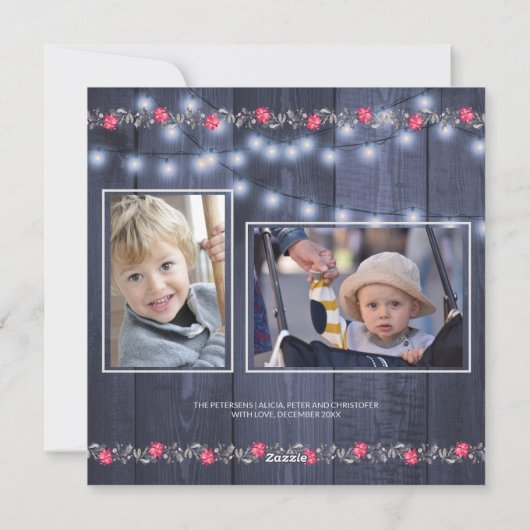 Vrolijke Rustieke Blauwe Schuur Hout Kerstmis 3 Fo Feestdagenkaart (Achterkant)