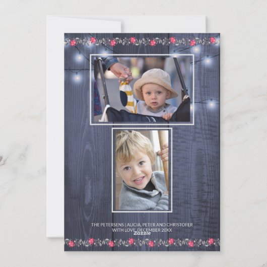 Vrolijke Rustieke Blauwe Schuur Hout Kerstmis 3 Fo Feestdagenkaart (Achterkant)