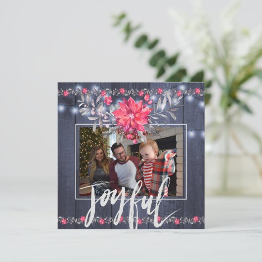 Vrolijke Rustieke Blauwe Schuur Houten Kerst 3 Fot Feestdagenkaart (Staand voorkant)