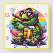 Vrolijke schildpad roosteren bij zonsondergang vierkante klok (Voorkant)