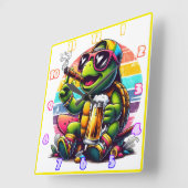 Vrolijke schildpad roosteren bij zonsondergang vierkante klok (Hoek)