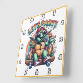 Vrolijke schildpad skateboarden op een levendig fe vierkante klok (Hoek)