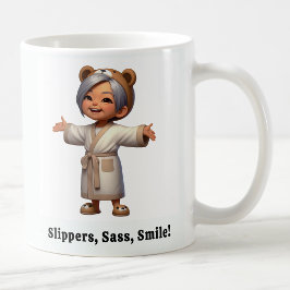 Vrolijke seniorenburger in een gezellig gewaad koffiemok