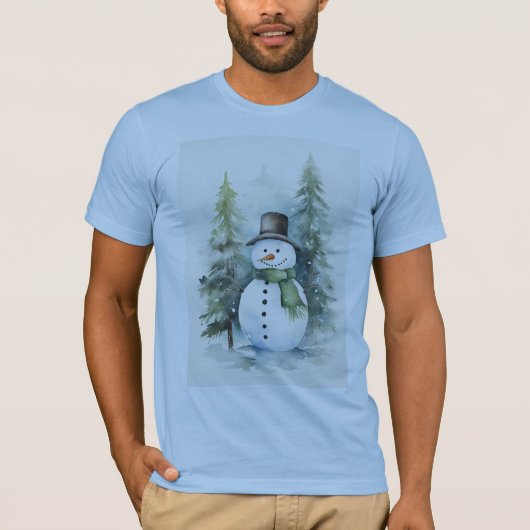 Vrolijke sneeuwman die in een besneeuwde winter st t-shirt (Voorkant)