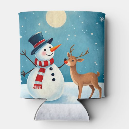 Vrolijke sneeuwman en rendier blikjeskoeler (Achterkant)