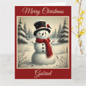 Vrolijke sneeuwman en rode vogel in het sneeuwbos kaart (Gele Bloem)