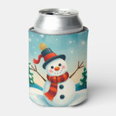 Vrolijke sneeuwman in het winterlandschap blikjeskoeler (Blikje Voorkant)