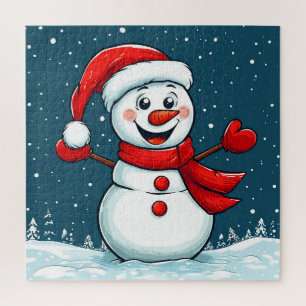 Vrolijke Sneeuwman in Kerstman Hoed met Sjaal Legpuzzel