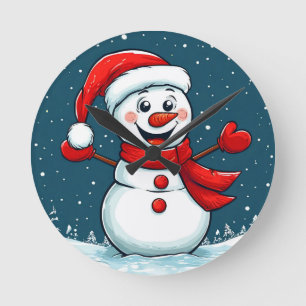 Vrolijke Sneeuwman in Kerstmannenhoed met Sjaal Ronde Klok