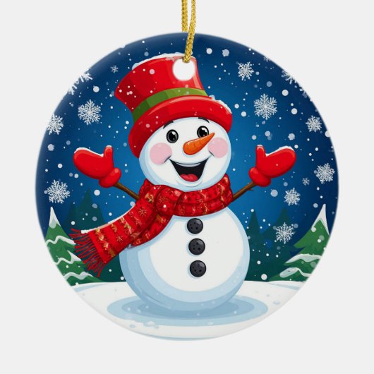 Vrolijke sneeuwman in rode sjaal en Pet Keramisch Ornament (Voorkant)
