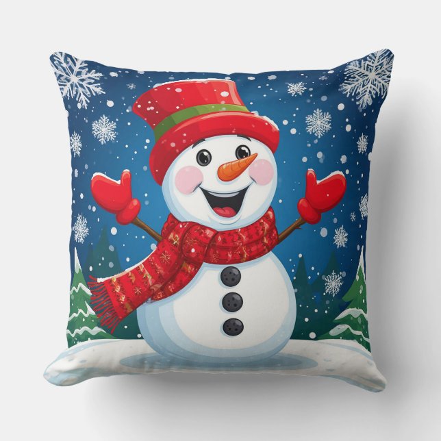 Vrolijke sneeuwman in rode sjaal en Pet Kussen (Voorkant)