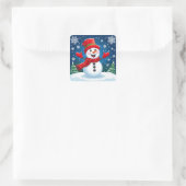 Vrolijke sneeuwman in rode sjaal en Pet Vierkante Sticker (Tas)