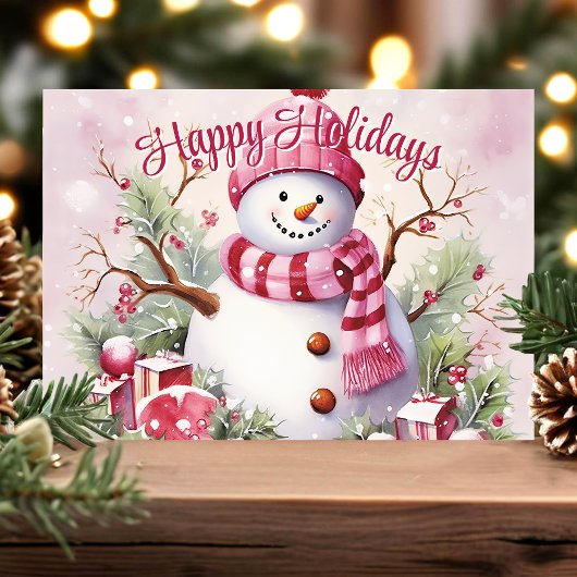 Vrolijke sneeuwman in roze sjaal feestdagen kaart