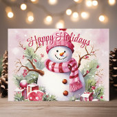Vrolijke sneeuwman in roze sjaal feestdagen kaart