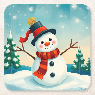 Vrolijke Sneeuwman in Winterlandschap Kartonnen Onderzetters