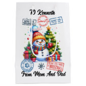 Vrolijke sneeuwman met cadeaus en vakantie Sticker Medium Cadeauzakje (Achterkant)