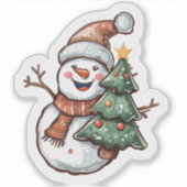 Vrolijke sneeuwman met een feestelijke kerstboom sticker (Voorkant)