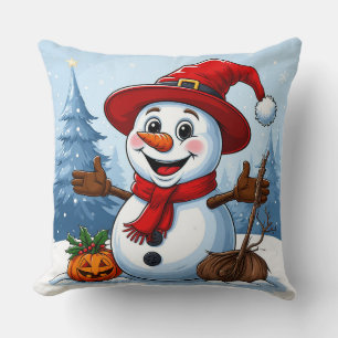 Vrolijke Sneeuwman met een Kerstman Hoed Kussen