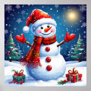 Vrolijke Sneeuwman met een Kerstmanhoed Poster