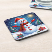Vrolijke sneeuwman met een kerstmuts bier onderzetter (Linkerzijde)