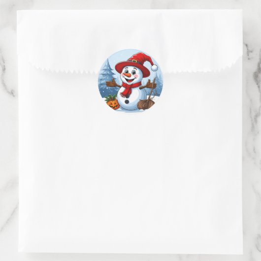 Vrolijke sneeuwman met een kerstmuts ronde sticker (Tas)