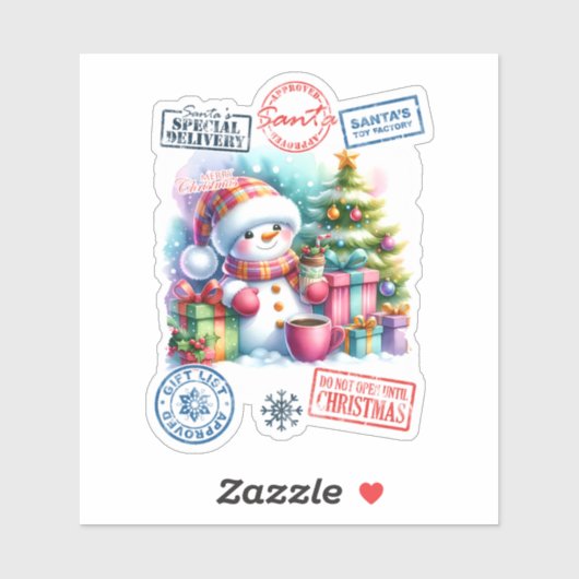 Vrolijke sneeuwman met feestelijke geschenken en f sticker (Vel)