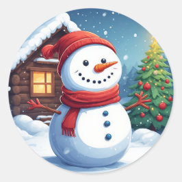 Vrolijke sneeuwman met kerstboom ronde sticker