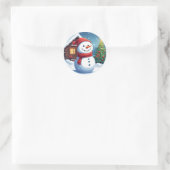 Vrolijke sneeuwman met kerstboom ronde sticker (Tas)