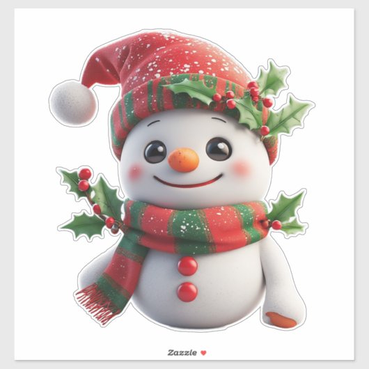 Vrolijke Sneeuwman Met Kerstman Hoed Sticker (Vel)