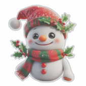 Vrolijke Sneeuwman Met Kerstman Hoed Sticker (Voorkant)