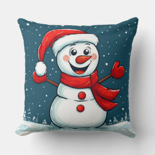 Vrolijke Sneeuwman met Kerstmannen Muts & Sjaal Kussen