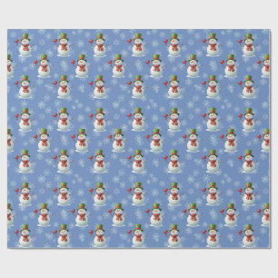 Vrolijke Sneeuwman & Rode Kardinaal Blauwe Winter  Cadeaupapier