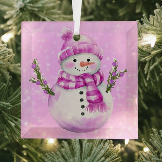 Vrolijke Sneeuwman Roze Glas Ornament
