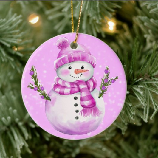 Vrolijke Sneeuwman Roze Persoonlijk Keramisch Ornament