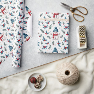 Vrolijke sneeuwman & winter gebladerte patroon cadeaupapier