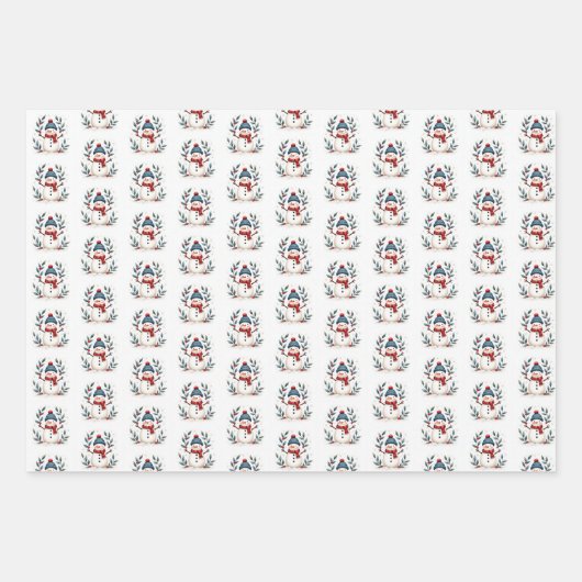 Vrolijke sneeuwman & winter gebladerte patroon inpakpapier vel (Voorkant 3)