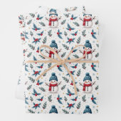 Vrolijke sneeuwman & winter gebladerte patroon inpakpapier vel (In situ)