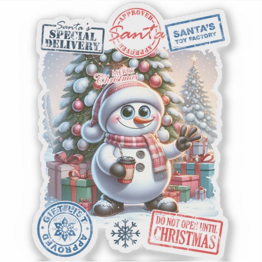 Vrolijke Snowman Kerst sticker (Voorkant)