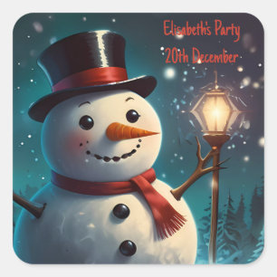 Vrolijke Snowman Party Invitation - Feestelijke Ka Vierkante Sticker
