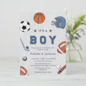 Vrolijke Sport Theme Baby Boy Douche Uitnodiging (Staand voorkant)