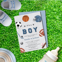 Vrolijke Sport Theme Baby Boy Douche Uitnodiging
