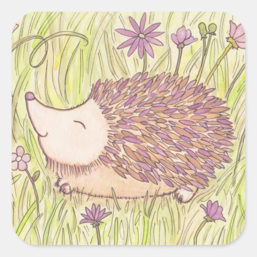 Vrolijke Springtime Hedgehog Vierkante Sticker (Voorkant)