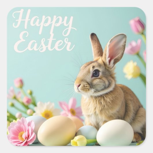 Vrolijke sticker met konijn en bloemen (Voorkant)